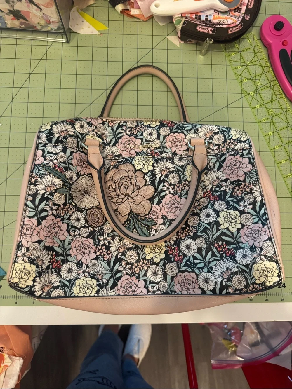Karl Lagerfeld Floral Satchel - Pink Black Cream